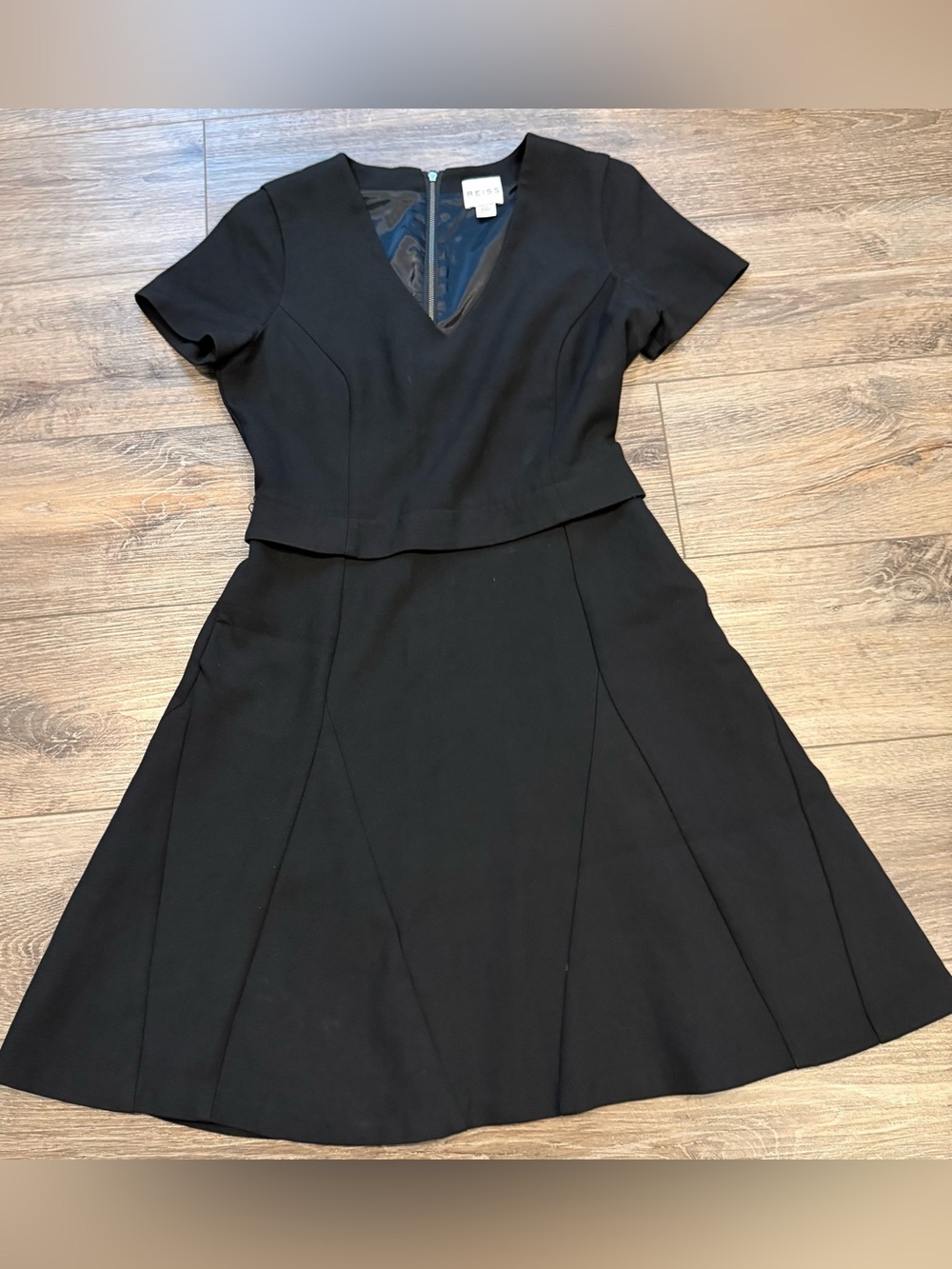 Reiss Black V-Neck Short Sleeve Fit-and-Flare Dress